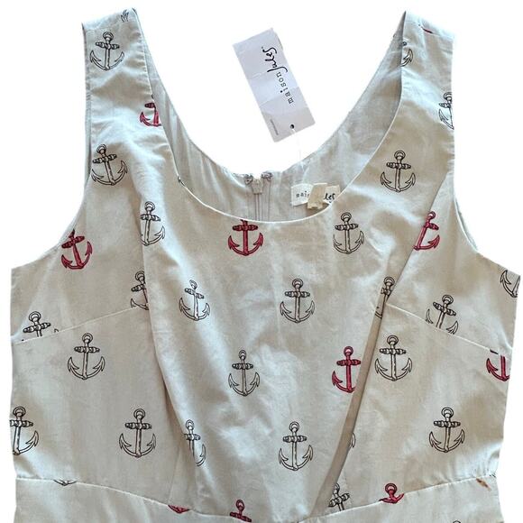 MAISON JULES NEW! Beige/Red Anchors Nautical Cotton Fit N Flare Dress Medium NWT - Picture 2 of 7